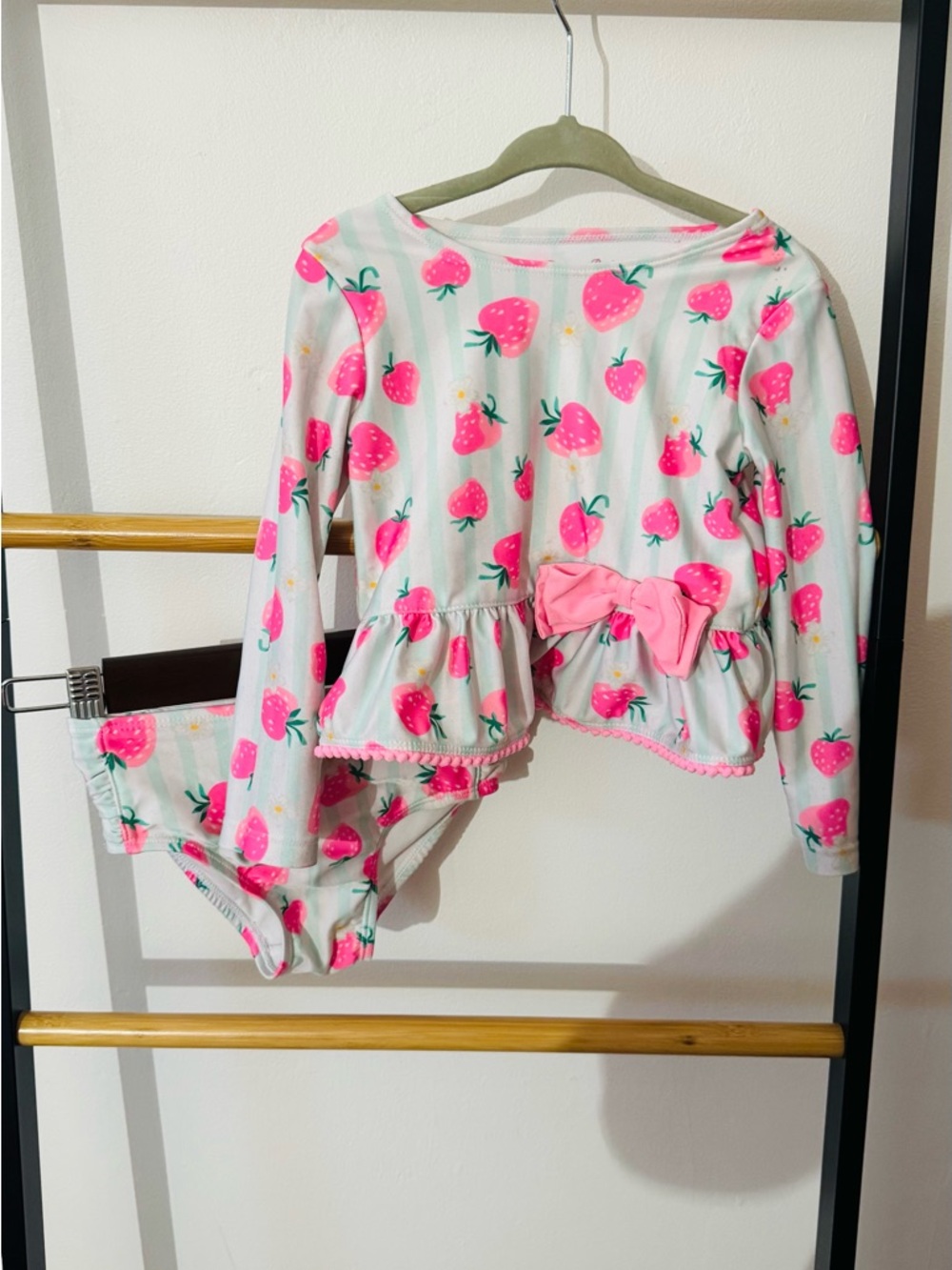 Girls Pink Strawberry Print Swimsuit Set with Bow